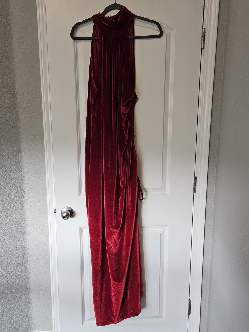 Zelie for She Red Velvet High Neck Maxi Dress - Ruched Slit -  2X